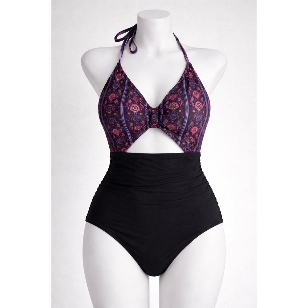 Cupshe Womens Boho Print Cutout Halter One Piece Swimsuit Black Purple Floral XL